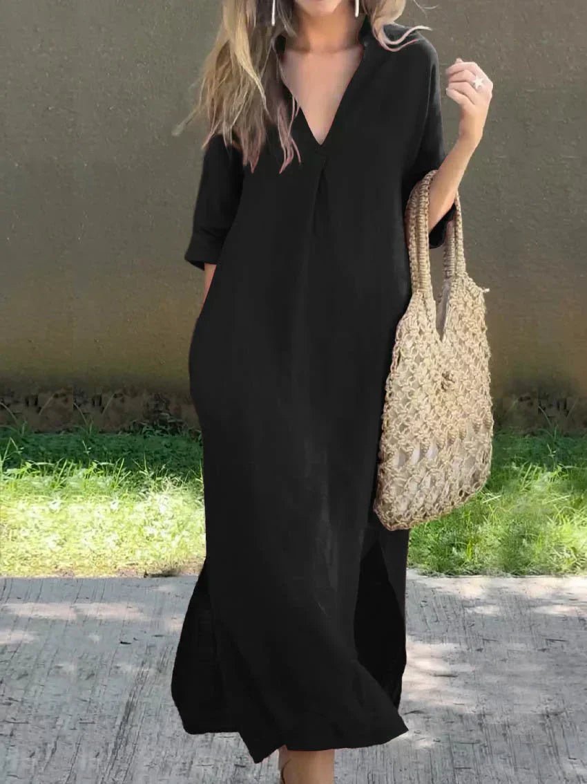 Linen Maxi Dress – V-Neck 3/4 Sleeve Relaxed Fit Summer Dress