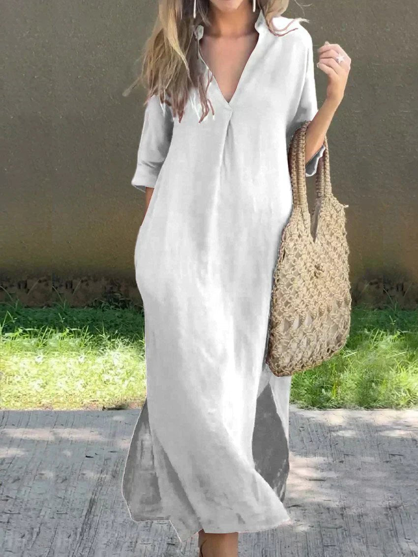 Linen Maxi Dress – V-Neck 3/4 Sleeve Relaxed Fit Summer Dress