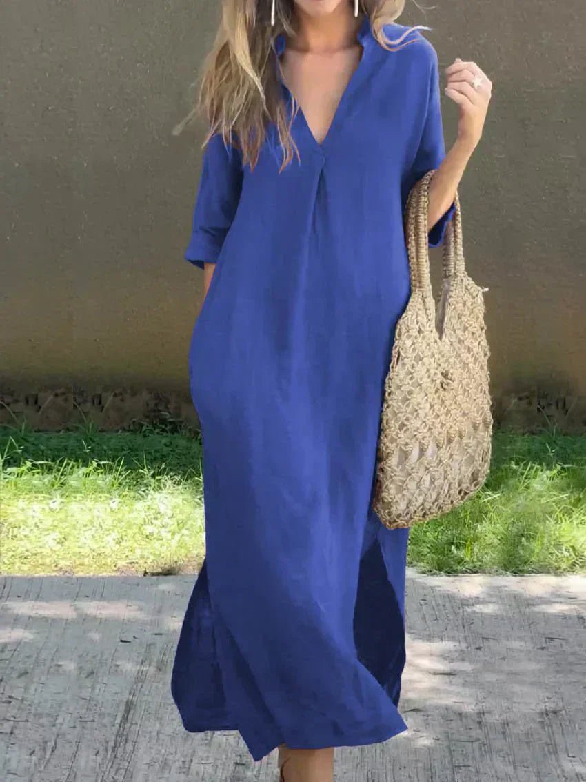 Linen Maxi Dress – V-Neck 3/4 Sleeve Relaxed Fit Summer Dress