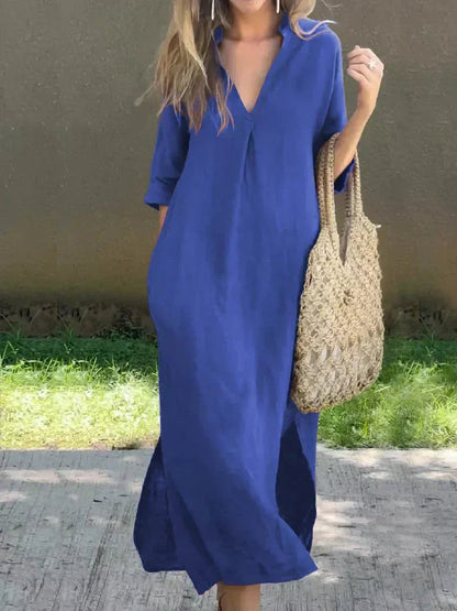 Linen Maxi Dress – V-Neck 3/4 Sleeve Relaxed Fit Summer Dress