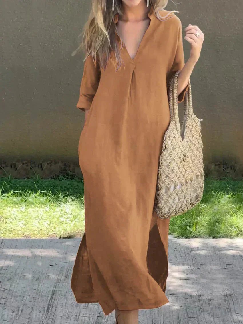 Linen Maxi Dress – V-Neck 3/4 Sleeve Relaxed Fit Summer Dress