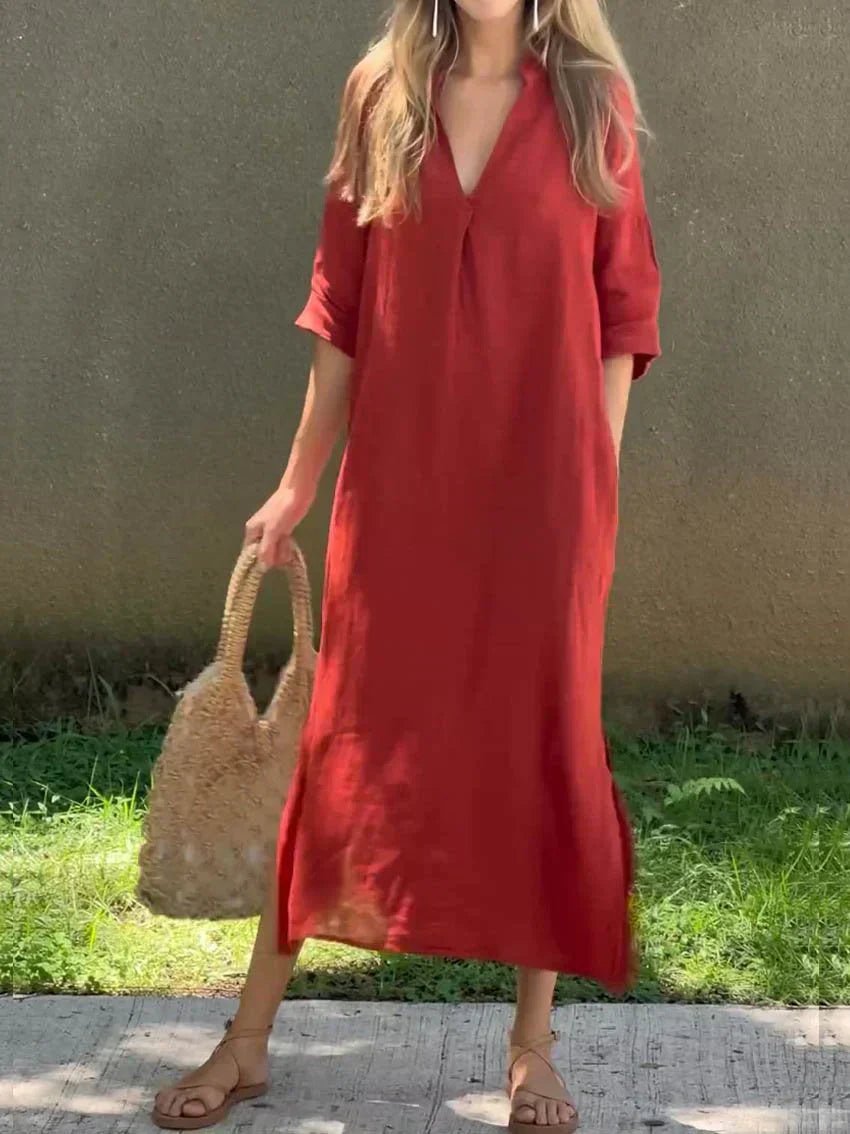 Linen Maxi Dress – V-Neck 3/4 Sleeve Relaxed Fit Summer Dress