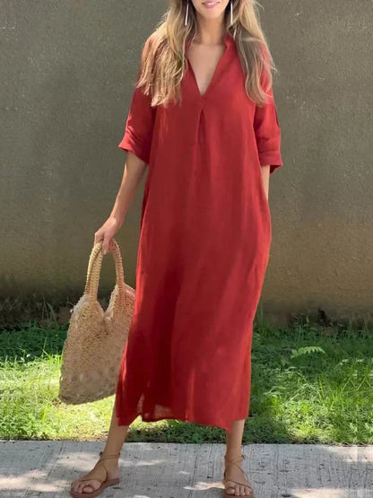 Linen Maxi Dress – V-Neck 3/4 Sleeve Relaxed Fit Summer Dress