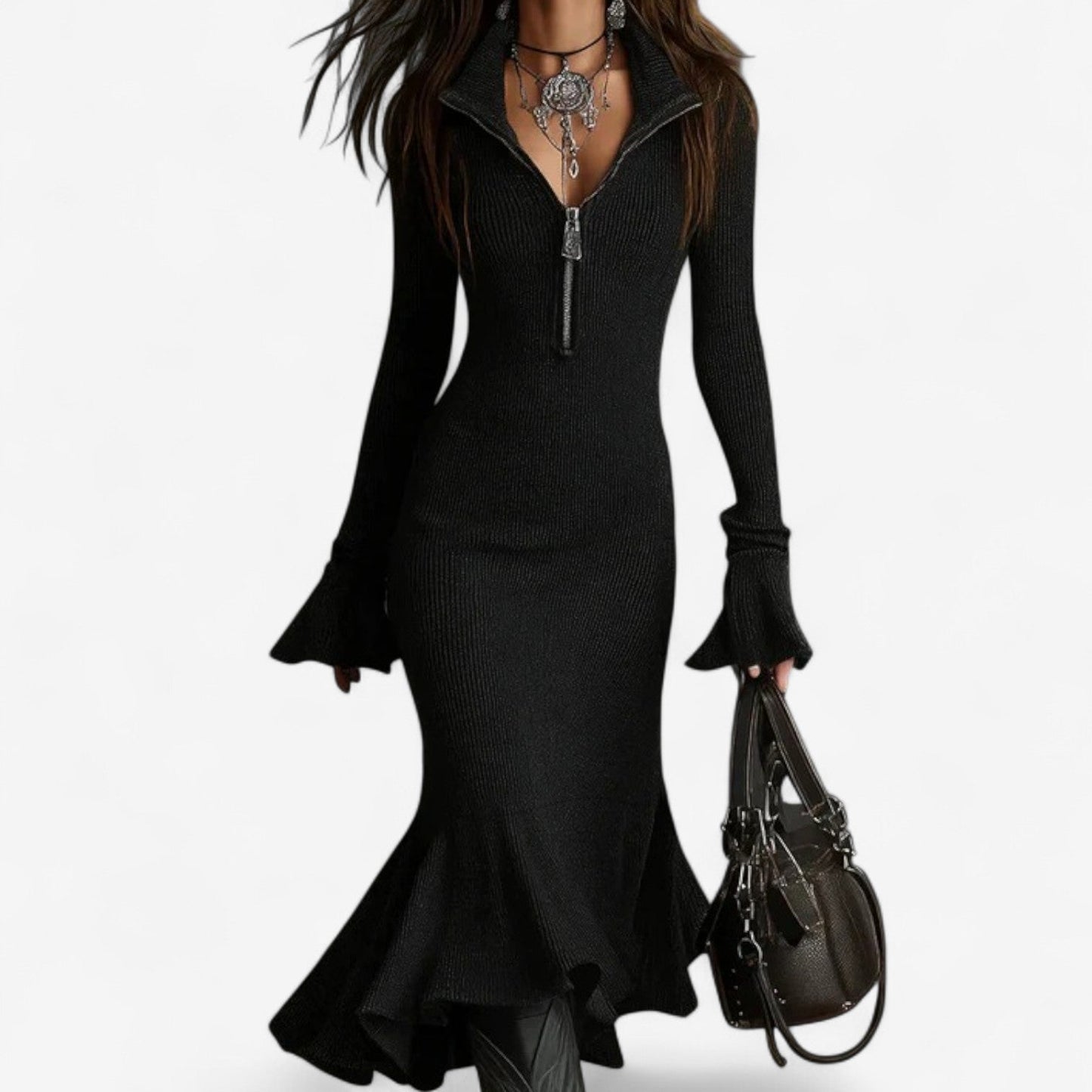 Ribbed Knit Midi Dress – Bodycon Mermaid Hem Half-Zip Bell Sleeve