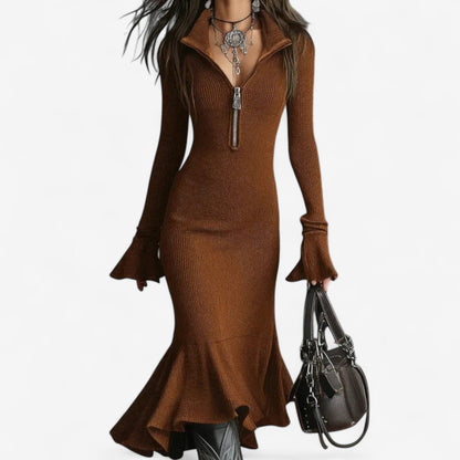 Ribbed Knit Midi Dress – Bodycon Mermaid Hem Half-Zip Bell Sleeve