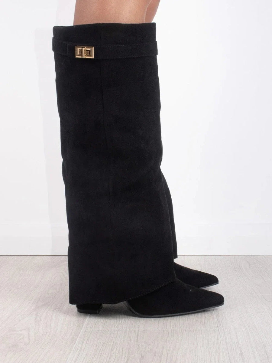 Suede Fold-Over Knee High Boots – Pointed Toe Gold Clasp