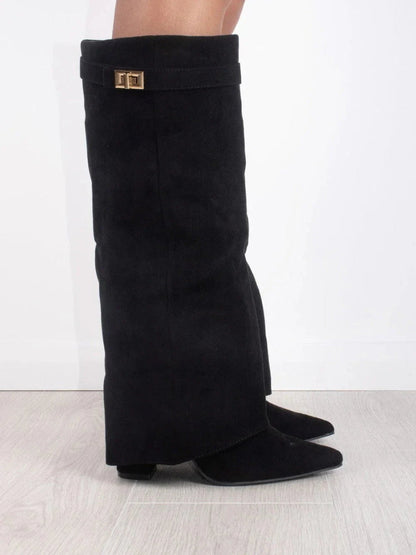 Suede Fold-Over Knee High Boots – Pointed Toe Gold Clasp