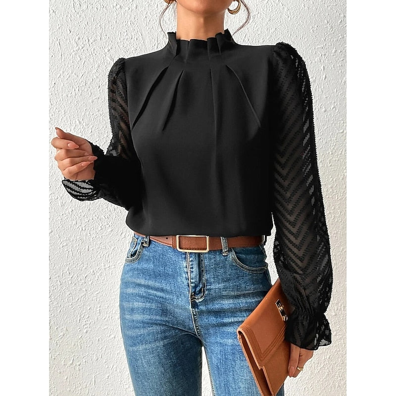 Pleated Mock Neck Blouse – Sheer Lace Sleeve Long Sleeve Top