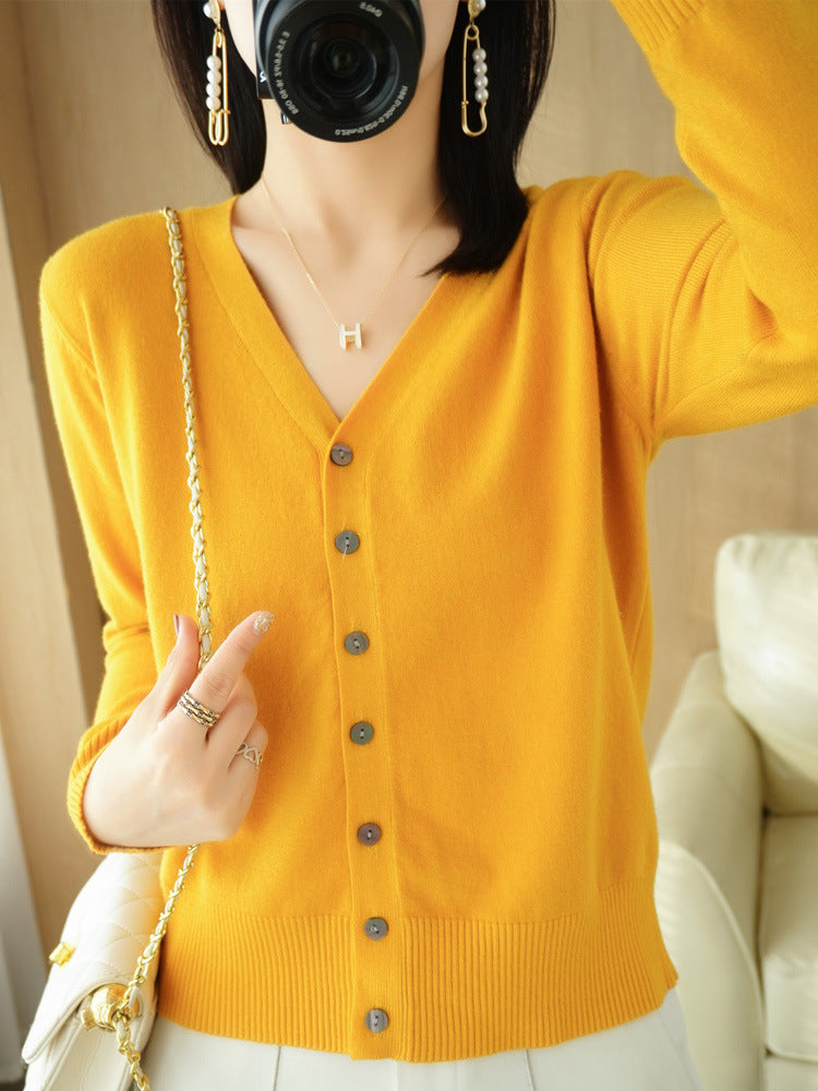 Knit V-Neck Cardigan – Button-Front Long Sleeve Layering Sweater