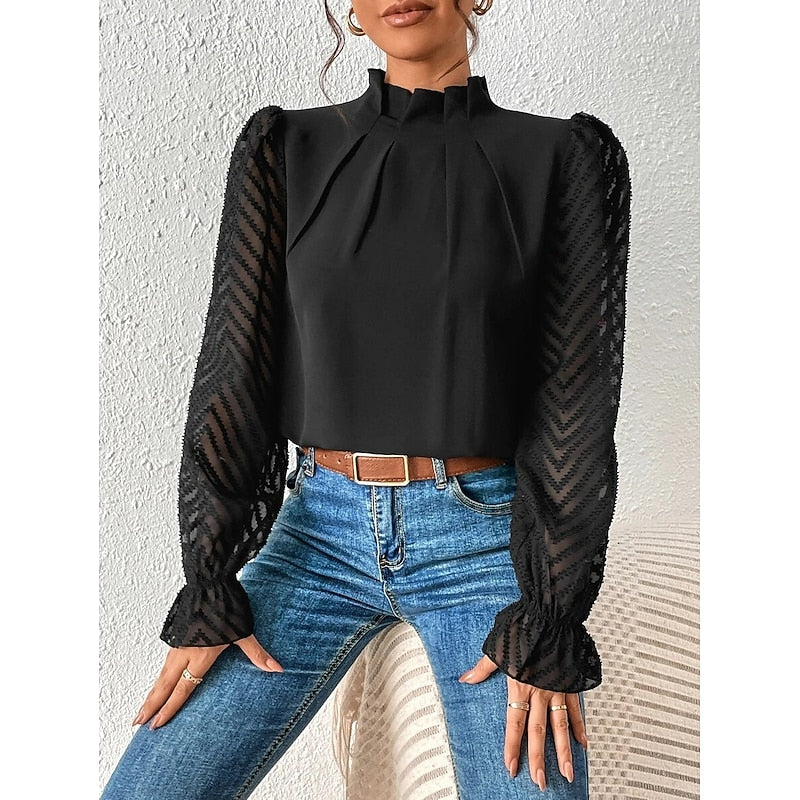 Pleated Mock Neck Blouse – Sheer Lace Sleeve Long Sleeve Top