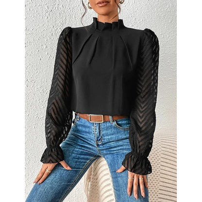 Pleated Mock Neck Blouse – Sheer Lace Sleeve Long Sleeve Top