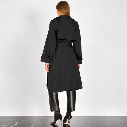 Double Breasted Long Trench Coat – Belted Lapel Coat for Women