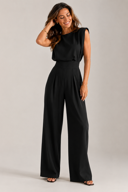 Sleeveless Wide-Leg Jumpsuit – High Waist Pleated Crepe