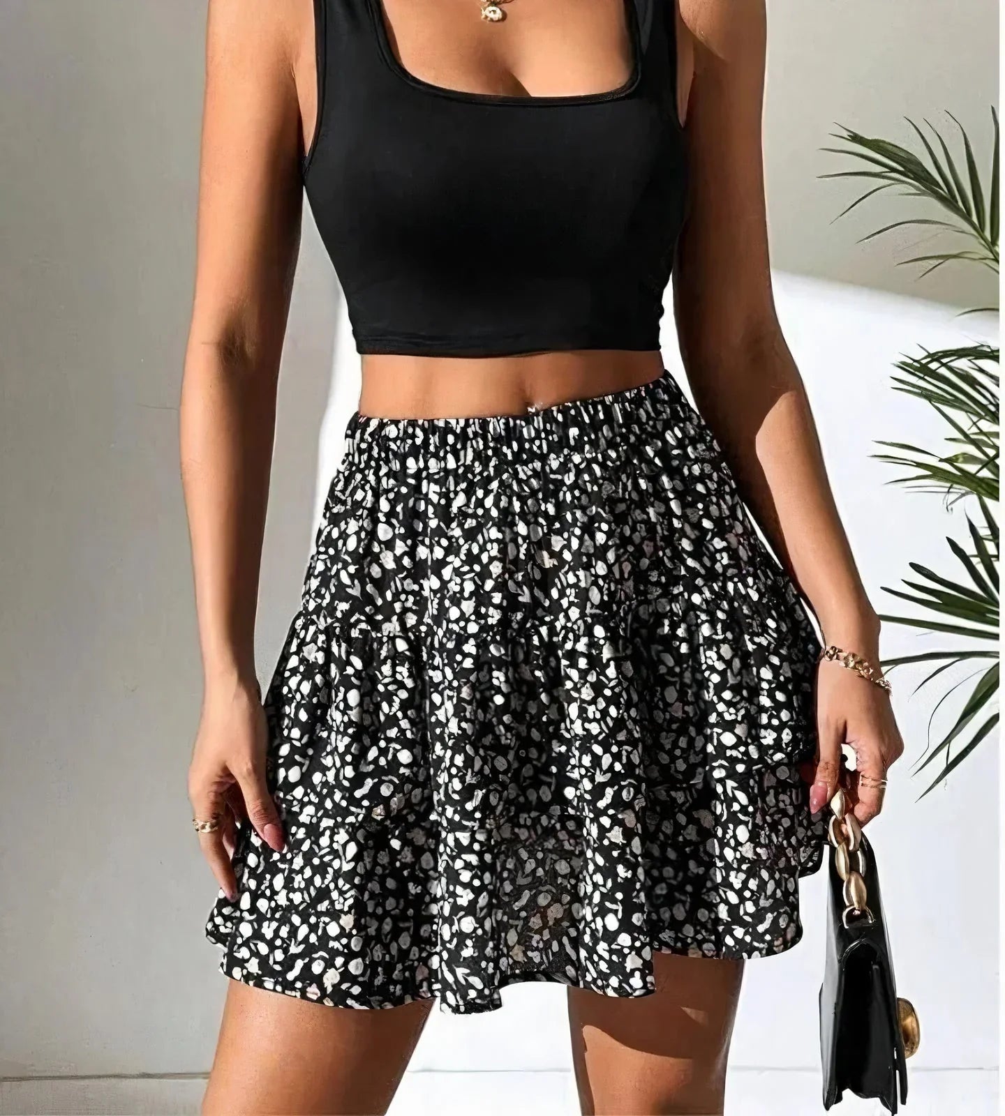 Tiered Ruffle Mini Skirt – Boho Print Elastic Waist
