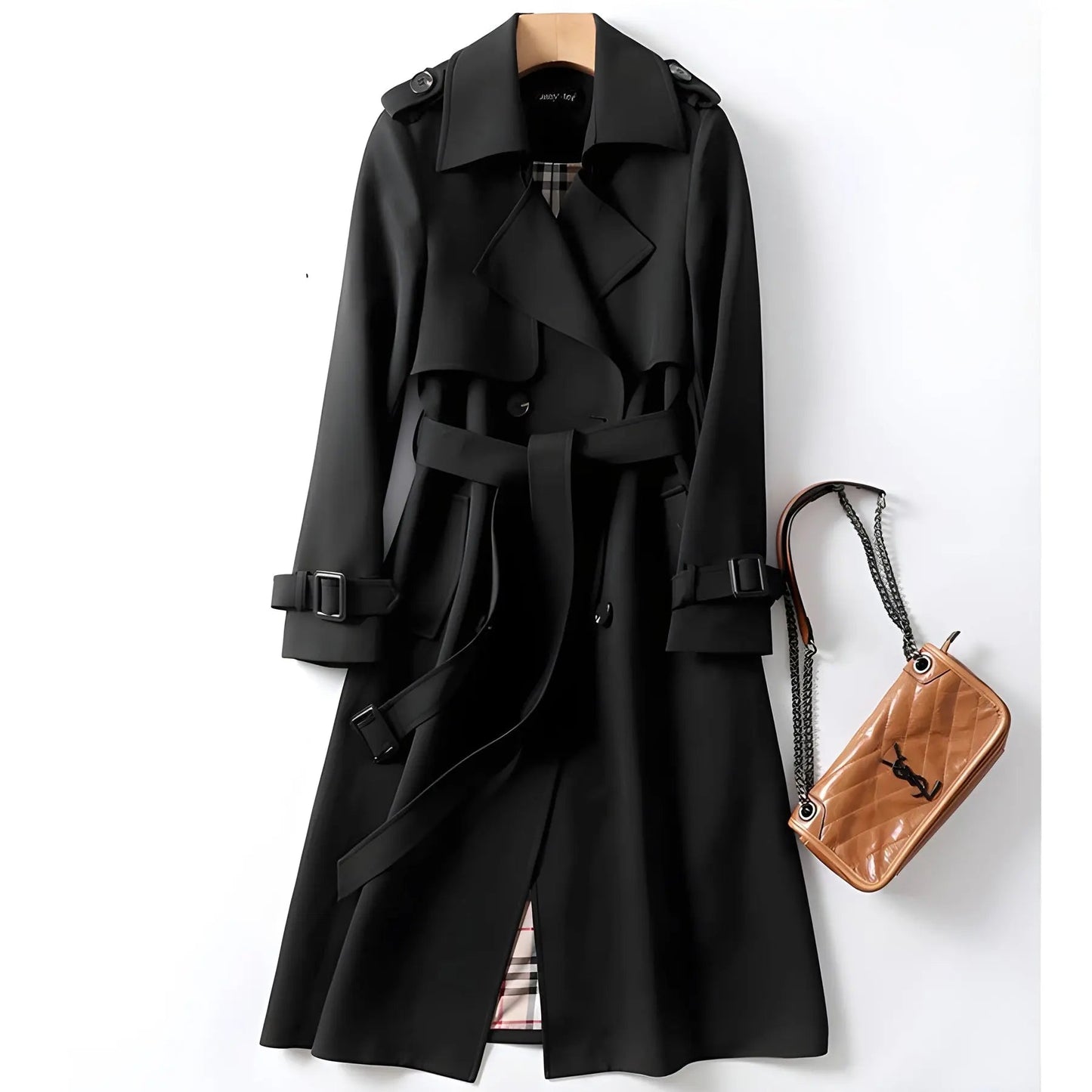 Double Breasted Long Trench Coat – Belted Lapel Coat for Women
