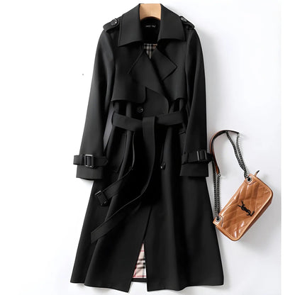 Double Breasted Long Trench Coat – Belted Lapel Coat for Women